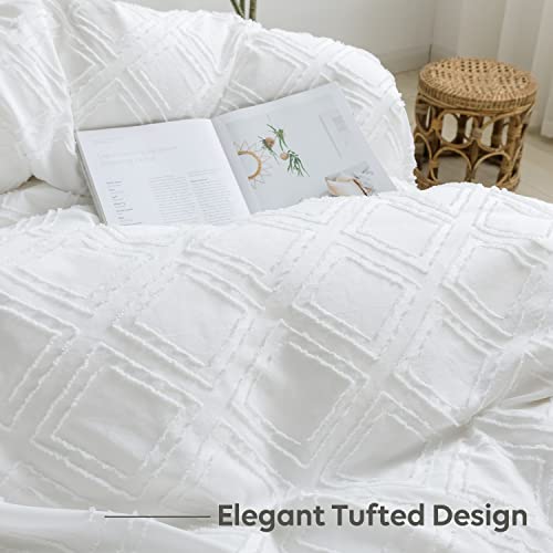 Jellymoni Ultra-Soft Microfiber 3Pcs Tufted Duvet Cover Set, White Boho Textured Bedding Cover Jacquard Rhombus Geometric Pattern Reversible Comforter Cover With Zipper Closure & Corner Ties (Full) #TOP3