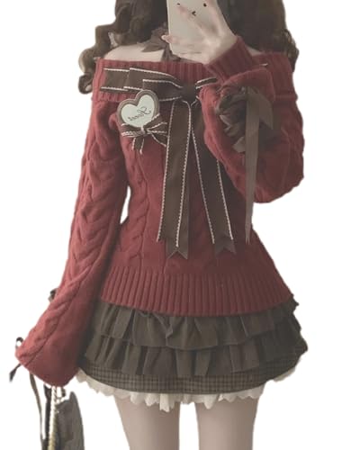 Womens Y2k Off The Shoulder Sweater Cute Bow Long Sleeve Cable Knit Pullover Kawaii Sexy Knitted Top