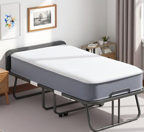 Mjkone Folding Bed with Mattress, 75\" x 38\" Rollaway Bed for Adults with Headborad & Dustproof Bag, 5 Inch Fold Up Bed for Guests with Lockable Wheel, Roll Away Beds for Bedroom/Guest - Thumbnail 2