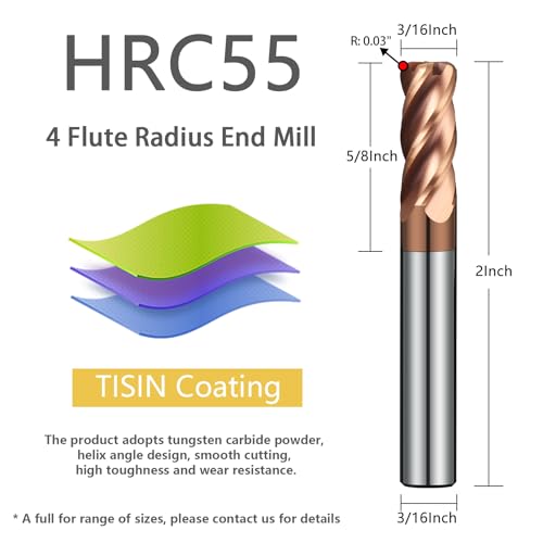 Image of 3 /16 inch Tungsten Carbide Corner Radius End Mill 4Flute Milling Bits Sets with TISIN Coated for Steel