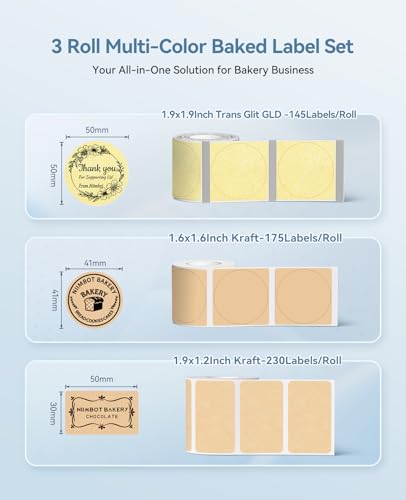 Image of NIIMBOT 3 Rolls Labels Compatible with B Series Label Maker, 50x50mm Gold Clear / 41x41mm Kraft / 50x30mm Kraft, for Bakery Small Business, Thank You Sticker, for Home Kitchen Pantry Oragnization