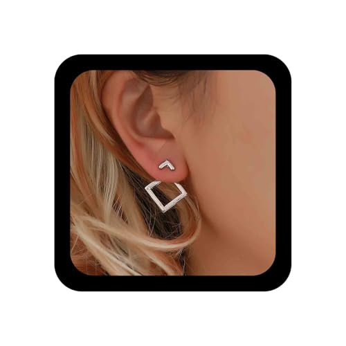 Vintage Square Ear Jacket Earrings Geometric Square Earrings Hollow Square Stud Earrings Silver Front Back Earrings Jewelry