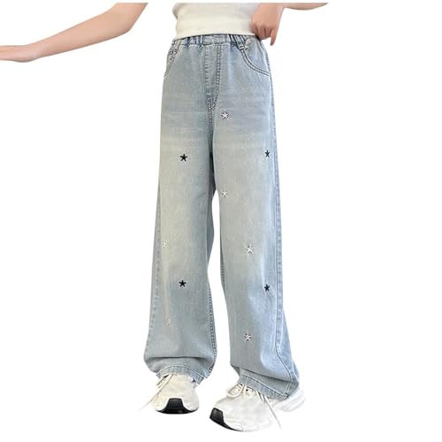 Girls High Waisted Jeans Star Print Straight Leg Denim Pants Baggy Boyfriend Jeans with Pockets