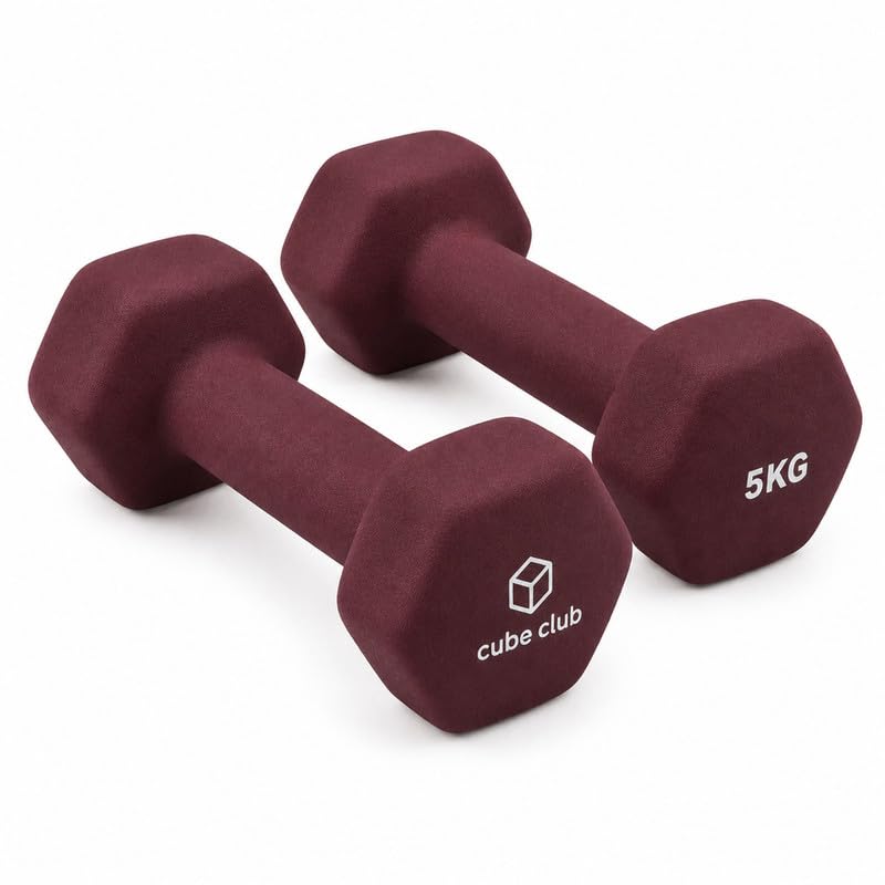 Image of The Cube Club Neoprene Dumbbells Set 5kg x 2 for Women & Men | Premium Anti-Slip Hex Dumbbells set for home workout| Gym Equipment for Home Workout, Yoga, Pilates & Strength Training - Maroon 10kg