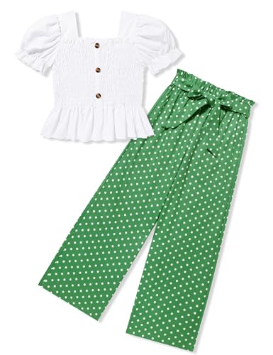 Image of Girls Clothes Solid Color Square Collar Stretch Top and Wide Leg Pants Clothes for Teen Girls 6-14Y