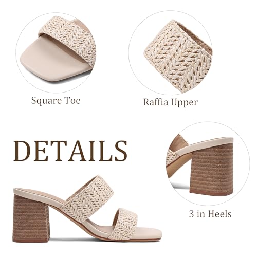 Image of Ancomafio Heeled Sandals for Women Raffia Sandals 2025 Chunky Block Heels Square Open Toe Heels Double Strap Summer Dressy Shoes Slip On