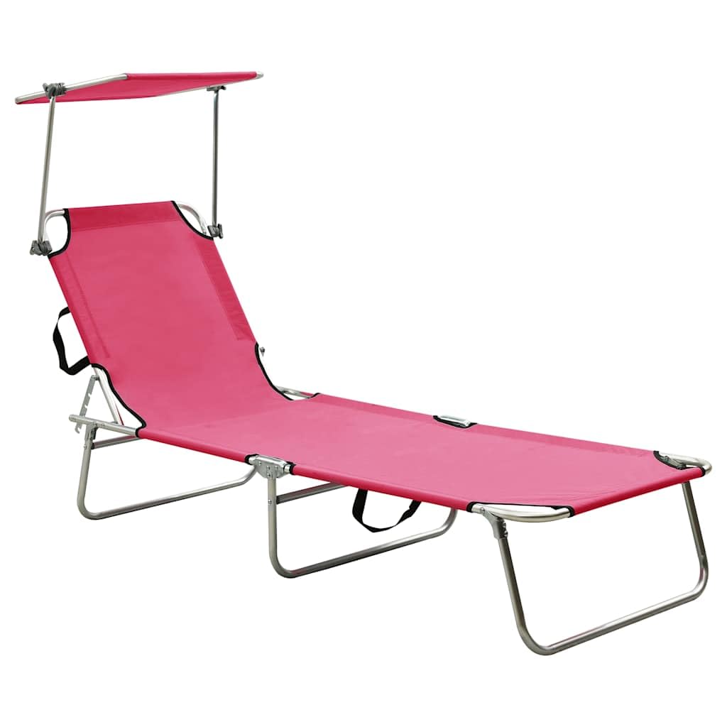 Klappliege mit Sonnendach Rosa pulverbeschichtetes Aluminium 187 x 57,5 x 27 cm Gartenliege Sonnenschutz Outdoor Liegestuhl für Terrasse Pool Strand 110 kg