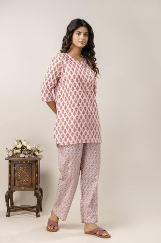 Image of Pure Cotton Printed Night Suit Top and Pyjama Set for Women's Night Dress of Shirt & Pyjama Set for Womens