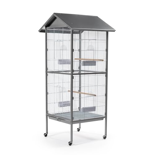 Image of Prevue Pet Products Aviary Large Flight Cage - Powder‑Coated Standing Metal Bird Cage with Wheels, Perches, Feeders & Removable Tray, Ideal for Parakeets, Cockatiels, Canaries & Small Birds - Grey
