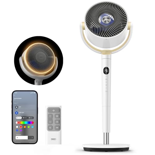Dreo Smart Fan for Bedroom, 120° +120° Omni-Directional Oscillating Fans, 90ft Quiet Pedestal Fan with RGB Light, 9 Speeds, 6 Modes, 20dB, 8H Timer, Wi-Fi/Voice/Alexa, 37-42" Floor Fans with