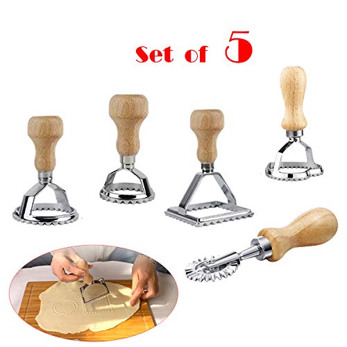 MGGi 5 Set Ravioli Stamp Cutter,Large Round,Small Round,Square,Heart Shape Ravioli Maker & Dough Wheel Cutter,Metal Pasta Stamp Press Mold - for Ravioli,Pasta,Dumplings Lasagna,Pierogi,Wonton,Pastry