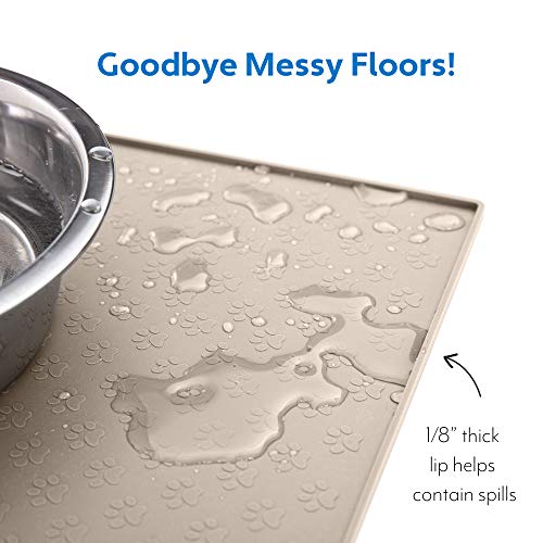 MIGHTY MONKEY Silicone Pet Feeding Mat, Waterproof Placemat for Dog and Cat Bowls, Raised Edges, Prevent Water Spills and Food Messes on Floor, Paw Print Tray Mats, Dishwasher Safe, 18x12, Beige