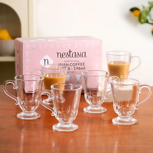 Image of Nestasia Set of 6 Transparent Glass Tea Cups (196ml Each) - Textured 100% Food Safe & Chip-Resistant Glass Set | Perfect for Irish Coffee, Tea, Hot & Cold Beverages