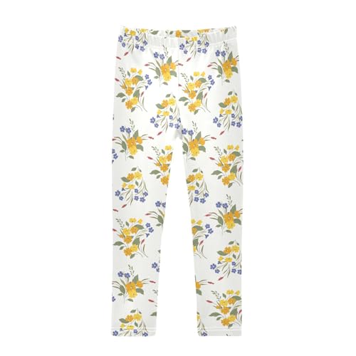 Little Yellow Flowers and Fallen Leaves Girls Leggings,Workout Leggings for Girls Toddler Athletic Leggings Size for 3-10T