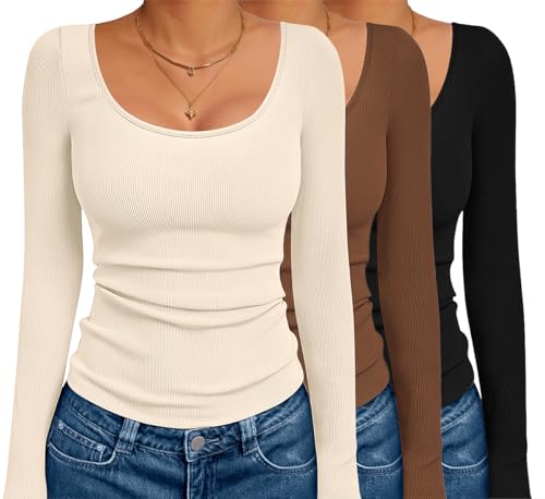 Ekouaer 3 Pack Long Sleeve Shirts for Women Scoop Neck Ribbed Thermal Tops Slim Fit Basic Undershirts XS-XXL