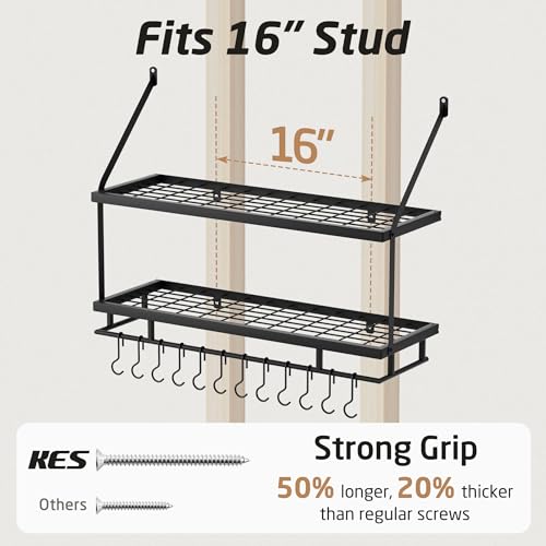 KES Pot Pan Rack for Kitchen Hanging, 76CM Pan Hanger Rack Wall Mounted, 2-Tier Pot Rack Shelf with 12 Hooks for Kitchen Storage and Organization Matte Black, KUR215S75B-BK