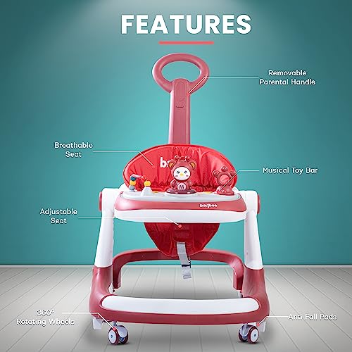 Image of Baybee Magnum 2 in 1 Baby Walker for Kids, Round Kids Push Walker with Parental Handle & Height Adjustable, Foldable Activity Walker for Baby with Musical Toy Bar for 6-18 Months Boys Girls (Red)