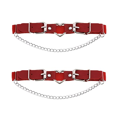 alisikee 2PCs Leather Leg Garter with Chains Elastic Rock Heart Thigh Garter for Women Red