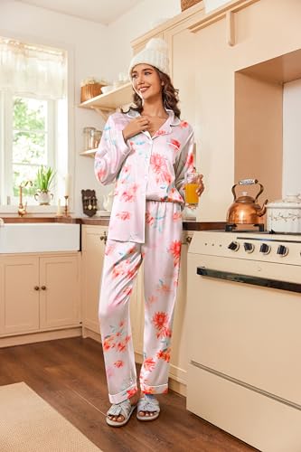 Image of Ekouaer Women's Classic Button Down Long Satin Silk Pajama Set