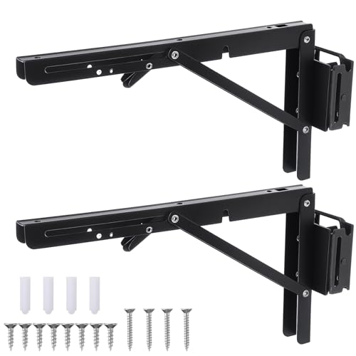 Shimeyao 2 Pcs 12 Inch E Track Folding Shelf Brackets Black Heavy Duty Metal DIY Collapsible Table Brackets E-Track Accessories for Enclosed Trailer Cargo Truck Workbench Warehouse Garage