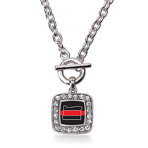 Inspired Silver - Oregon Thin Red Line Toggle Charm Necklace for Women - Silver Square Charm 18 Inch Necklace with Cubic Zirconia Jewelry