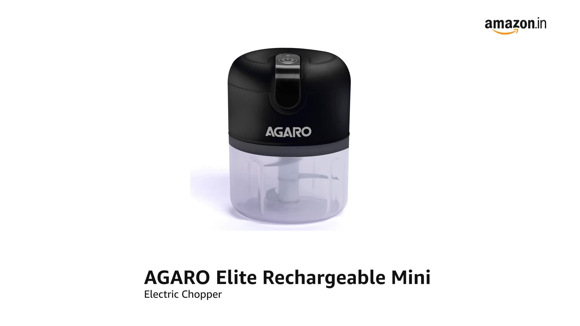AGARO Elite Rechargeable Mini Electric Chopper, Food Grade Bowl, Stainless Steel Blades, One Touch Operation, for Mincing Garlic, Ginger, Onion, Vegetable, Meat, Nuts, 250 Ml, Black.