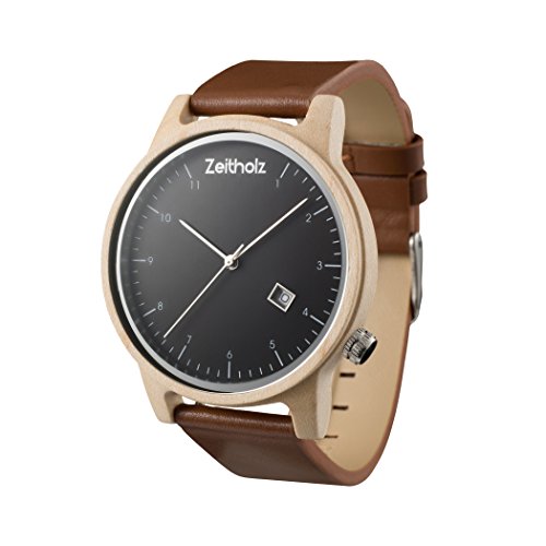 Preisvergleich Produktbild Zeitholz Holzuhr Breitenbrunn / Lederarmband / Ahornholz-Gehäuse / Datumsanzeige / nachhaltig / handgefertigt