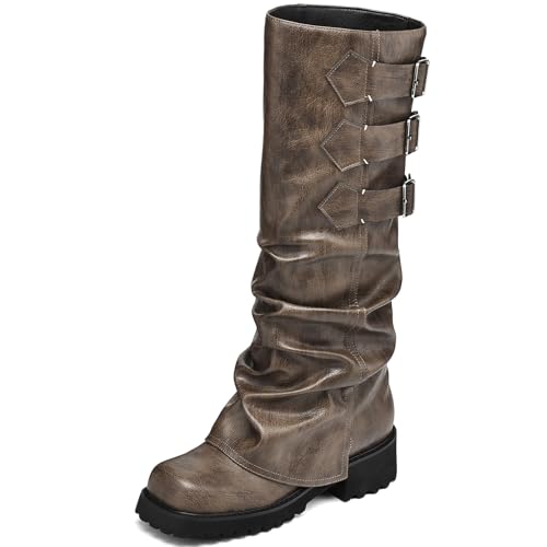 Best Boots for Music Festivals: Your Ultimate Guide 15 AIUNIIND Women's Fold Over Knee High Boots, Slouchy Gothic Moto Biker Boots with Buckles, Square Toe Platform Boots