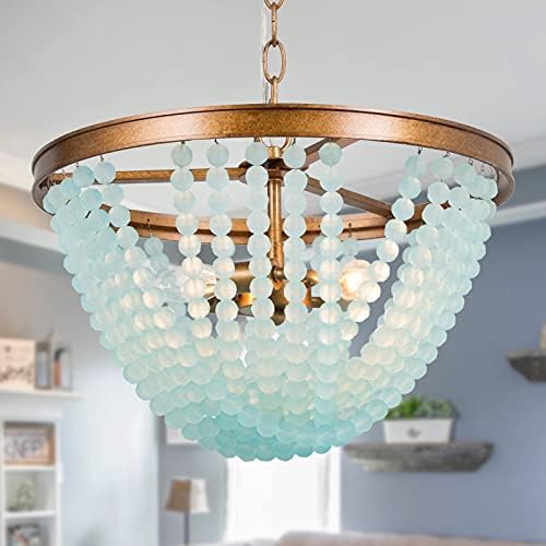 ABRASH Beaded Chandelier, Gold Farmhouse Lighting for Dining Room, 3-Light Glam Pendant Lighting with Frosty Blue Glass Beads for Foyer, Bedroom, Hallway, φ15.5