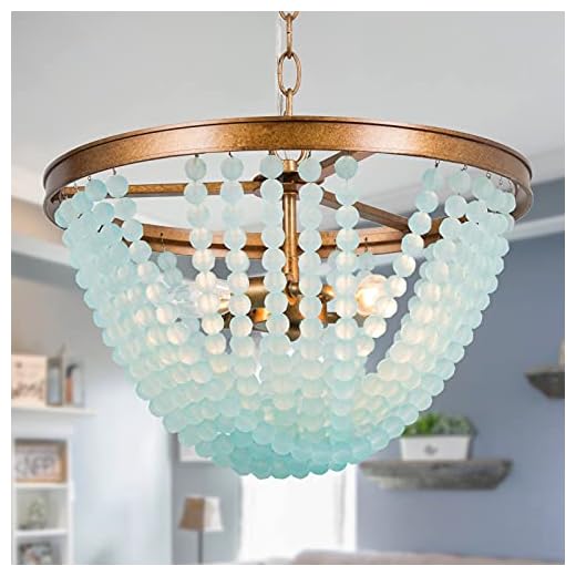 ABRASH Beaded Chandelier, Gold Farmhouse Lighting for Dining Room, 3-Light Glam Pendant Lighting with Frosty Blue Glass Beads for Foyer, Bedroom, Hallway, φ15.5