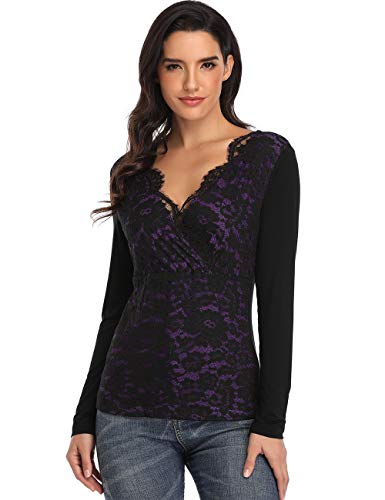 Dilgul Sexy Shirts for Women Scallop V Neck Tops Long Sleeve Floral Lace Blouses Purple and Black X-Small
