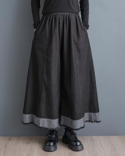 ellazhu Women's Skirt Wide Legs Elastic Waist Black and Grey Flowy Hem Baggy Loose Oversize GZ264 A3