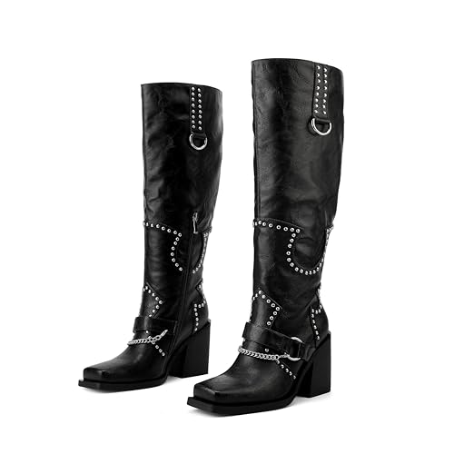 Voviggiw Women Platform Wide Calf Knee High Boots Chunky Heel Rivet Western Boots Square Toe and Side Zipper Motorcycle Boots with Chain Black 9