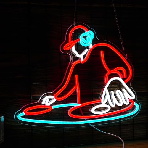 Image of DJ Player Neon Sign Bar Neon Light Wall Decor 16.5 * 12.6 Inch LED DJ Light Up Sign for Bar Club Live Music Concert Bedroom Party Neon Decor (USB Dimmable)