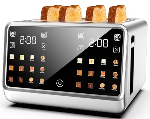 Touch Screen Toaster 4 Slice, Digital Smart Dual Control Touchscreen, Stainless Steel, 6 Toast Types & Levels include Bread, Bagel, with Defrost/Reheat/Single Slot Toasting Function