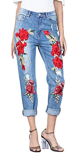 GGUHHU Womens Stylish Floral Embroidery Patchwork Tapered-Leg Ripped Jeans Capris Pants