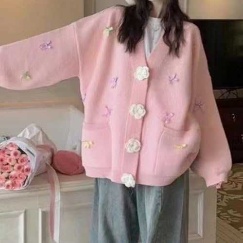 Xunger Women’s Bow Sweater Cardigan Oversized Floral Button Long Sleeve Knit Sweater Coat with Pockets4