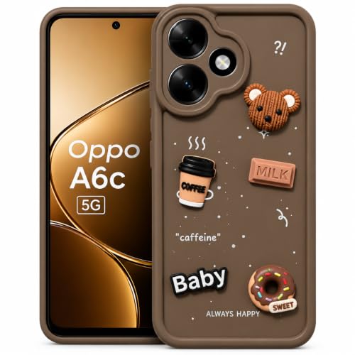 Image of Bintage Back Cover Compatible for Oppo A6c 4G | Cute 3D Taddy Ball Bear Milk Cake Coffee Silicon Case Full Body & Camera Protection - Brown
