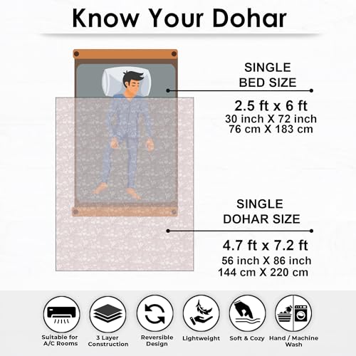 Image of Story@Home Dohar Single Bed Cotton 100% | 150GSM 225 x240 cm Quilt AC Blanket for Summer | AC Comforter Double Bed | White & Purple Motif Reversible Design Duvet | All-Season Blanket