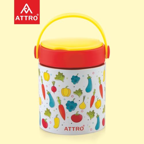 Image of ATTRO Happy Go Vacuum Insulated ISI Certified Stainless Steel Soup Jar 500ml, Leakproof, Long Temperature Retention for Kids & Adults,Ideal for School,Office,Picnic & Travel - Fruity Veggie Fun Yellow