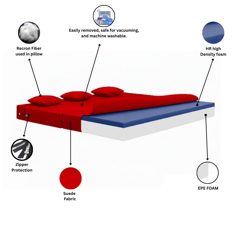 Image of AMATA Instant 3 Seater Foldable Sofa Cum Bed red Suede Velvet Fabric with 2 Pillow Perfect for Home Living Office Room and Guests (3 Year Warranty) (red, Instant 3 Seater Sofa Cum Bed)