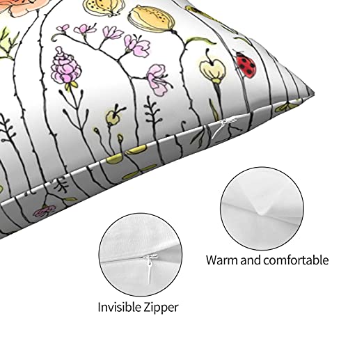 Wozukia Colorful Wildflowers Throw Pillow Cover With Butterflies Bees Dragonfly And Ladybugs Floral Border Lumbar Pillow Case Cushion For Sofa Couch Bed Standard Queen Size 20X30 Inch #TOP4