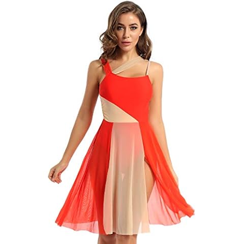 Aiihoo Women's Sleeveless Shoulder Straps Color Block Mesh Leotard Dress Lyrical Modern Contemporary Dancewear Orange Medium Cover