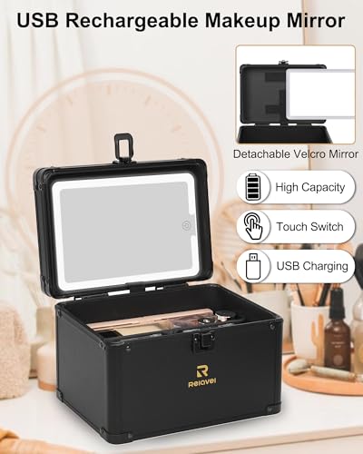 Image of Relavel Makeup Bag with LED Mirror, Travel Cosmetic Train Case with 3 Colors Light up Mirror, Portable Makeup Aritst Storage Organizer Box with Brush Holder, Birthday Gifts for Women and Girls, Black