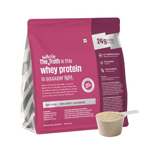 Image of The Whole Truth Whey Protein Isolate+Concentrate | Light Cocoa 1kg (2.2 lbs) | 24g Protein per scoop | 6.3g BCAA | No Adulteration | Clean, Light & Easy to Digest | Vegetarian | No Artificial Flavours