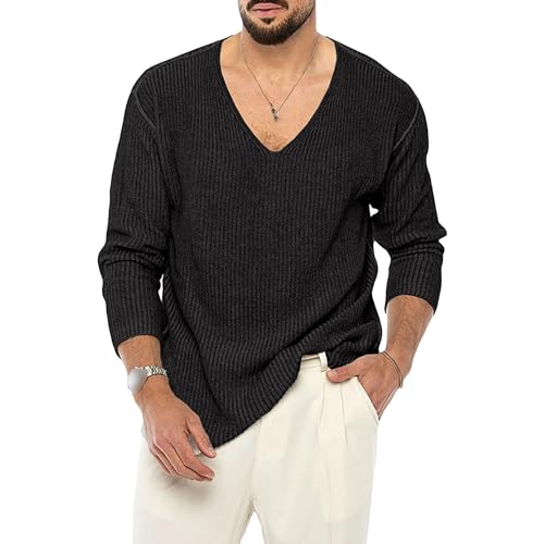 Men's Lightweight Long Sleeved Knitted Sweater V Neck Casual Male Knit Pullover Sweaters Solid Wool Blend Knits