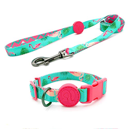 azuza Dog Collar and Leash Set, Adjustable Dog Collar with Matching Leash for Medium Dog, Green & Pink Elegant Flamingo Dog Collar Leash Combo Set