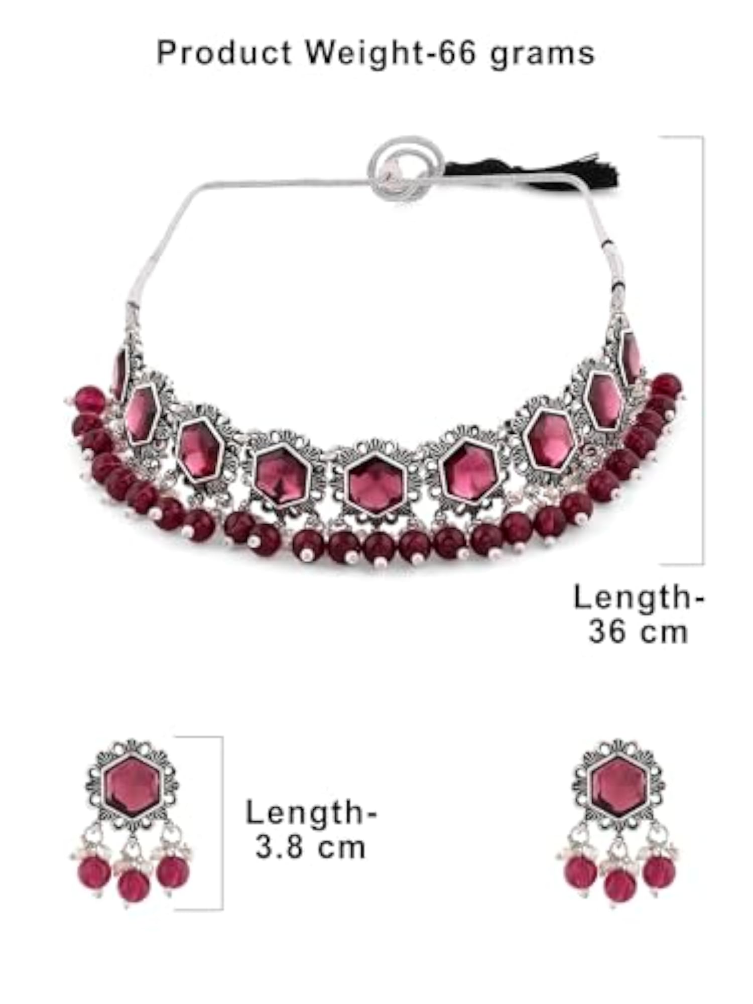Women's Pink Stones & Beads Oxidised Choker Necklace Earring & Ring Set