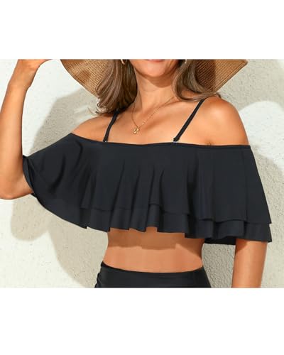 Women Ruffle Bikini Top Double Layer Flounce Swimsuit Off Shoulder Bathing Suit top Only4