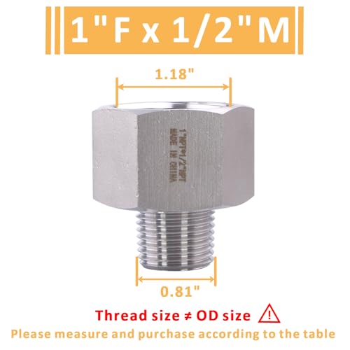 Image of Forged Reducer Adapter Fitting - Stainless Steel 304 Reducing Pipe Connector, 1 inch NPT Female x 1 /2 inch NPT Male (pack of 2)